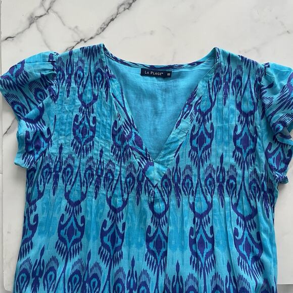 La Plage Bailey Tiered Maxi Dress Cotton Batik Leaf Blue coastal Boho Size XS - Picture 5 of 11